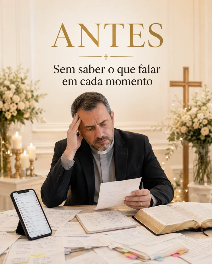 Celebrante preparando cerimônia de casamento com anotações espalhadas e dúvidas